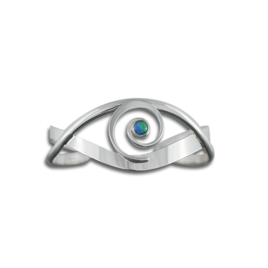 Sprial Bracelet on Crossed Sterling Bands - Sterling/Opal Triplet