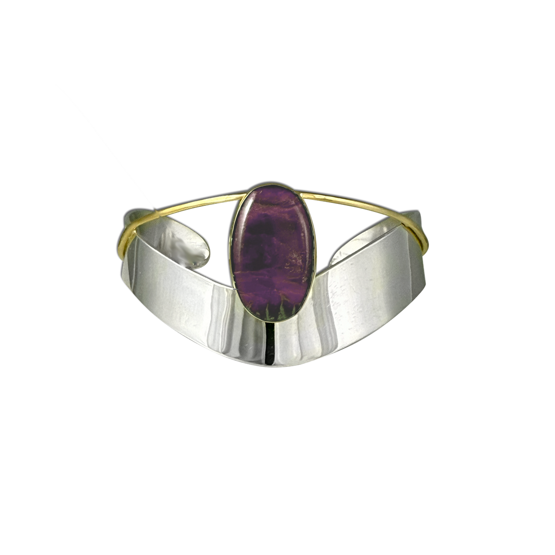Sugilite Bracelet on a Wide Sterling Band with a 14K Gold Wire + Bezel