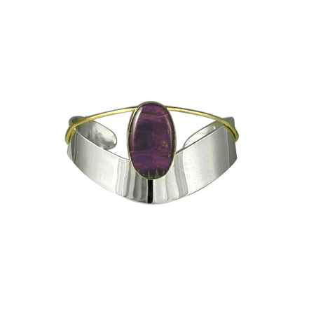 Sugilite Bracelet on a Wide Sterling Band with a 14K Gold Wire + Bezel