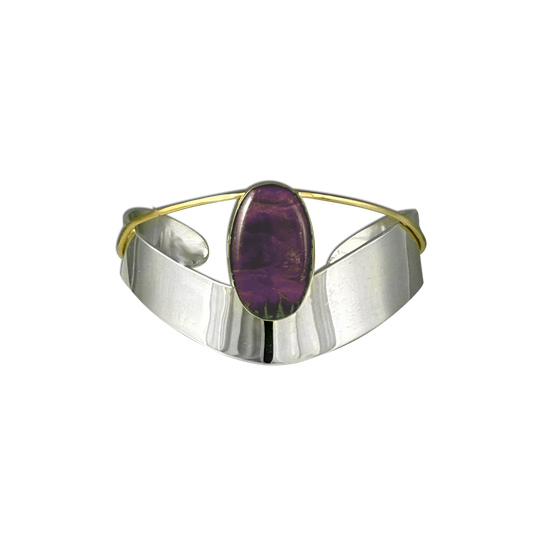 Sugilite Bracelet on a Wide Sterling Band with a 14K Gold Wire + Bezel