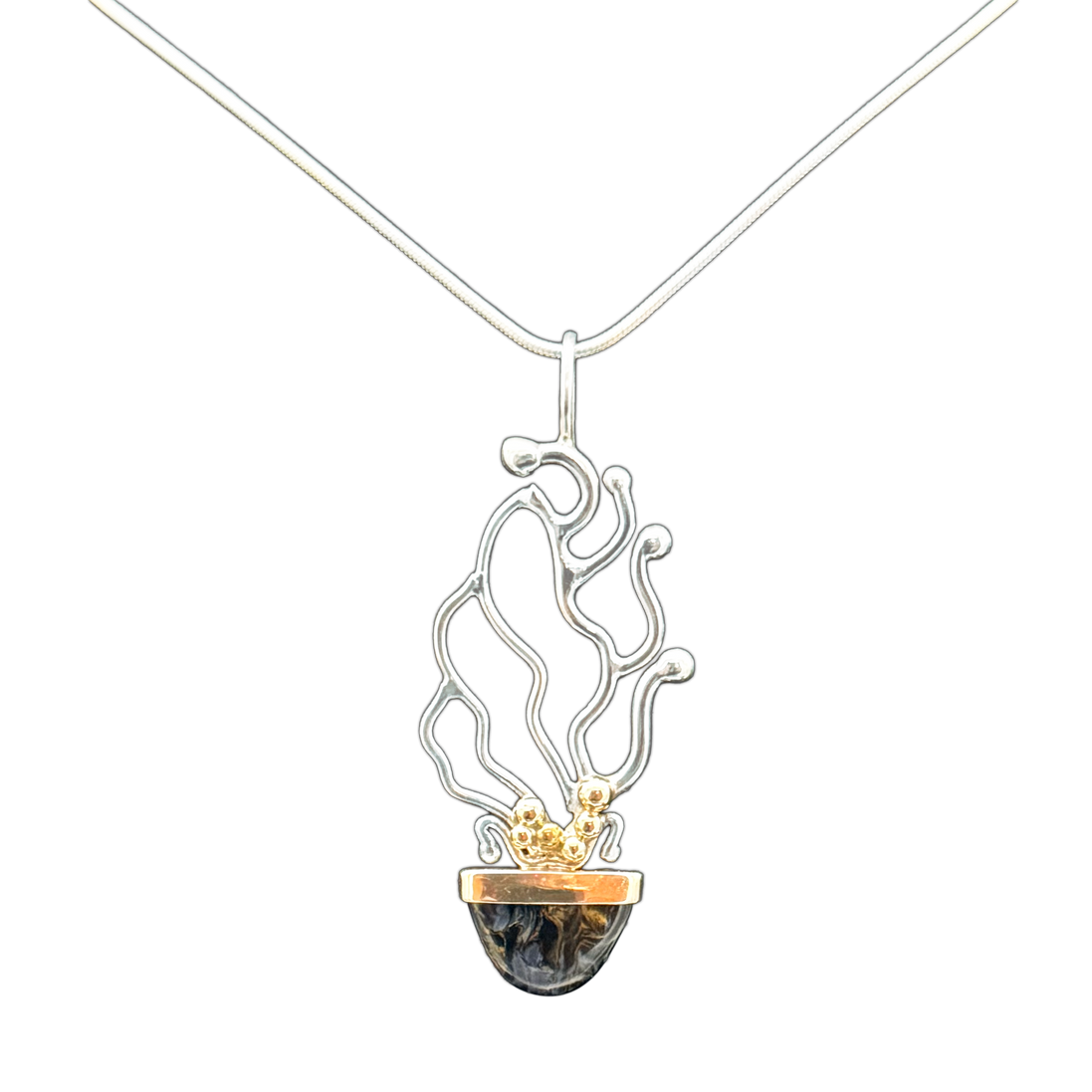 Sea Fan Pietersite Necklace in Sterling and Solid 14K Bezel and Beads