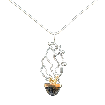 Sea Fan Pietersite Necklace in Sterling and Solid 14K Bezel and Beads