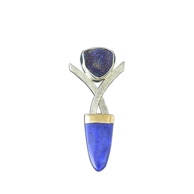 Lapis Lazuli and Druzy Quartz Necklace: SS/14k Gold