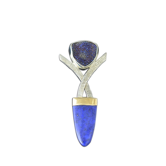 Lapis Lazuli and Druzy Quartz Necklace: SS/14k Gold