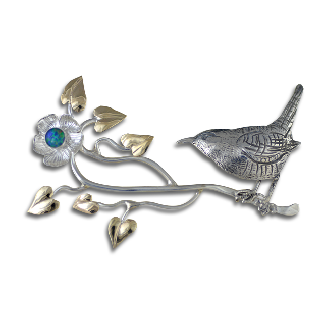 New! Original Bird on Branch Neckslide: Sterling Silver and 14K w/ Opal Triplet