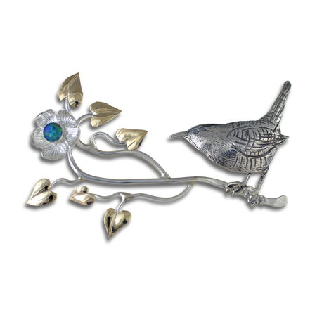 New! Original Bird on Branch Neckslide: Sterling Silver and 14K w/ Opal Triplet
