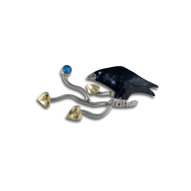 New! Original Crow on Branch Necklace - Sterling Silver / 14K Gold