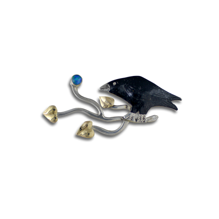 New! Original Crow on Branch Necklace - Sterling Silver / 14K Gold