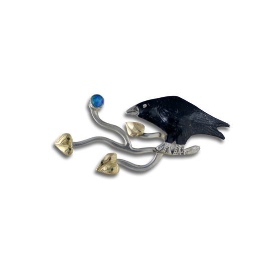 New! Original Crow on Branch Necklace - Sterling Silver / 14K Gold