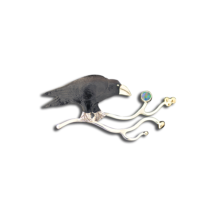 Original Pin/Pendant - Crow on Branch SS/14K - Opal