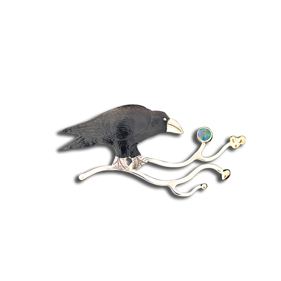 Original Pin/Pendant - Crow on Branch SS/14K - Opal