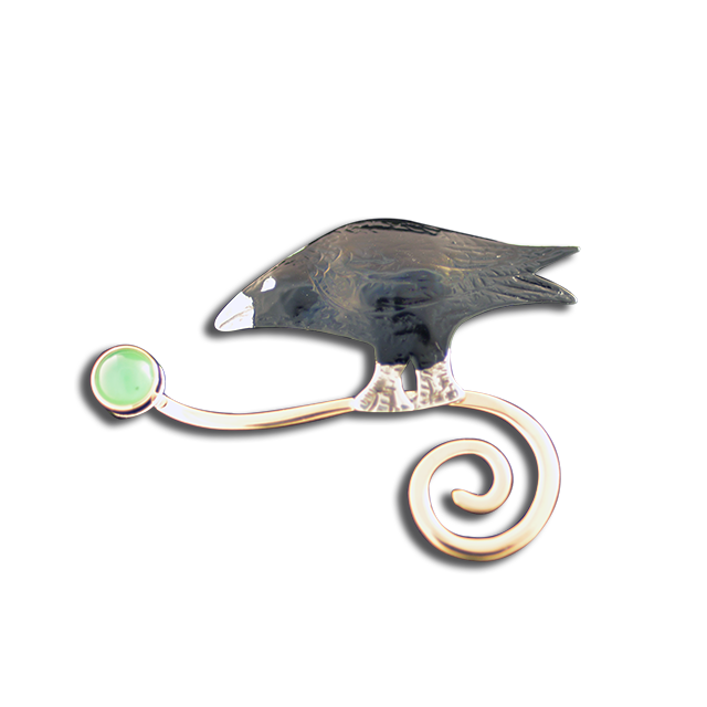 Crow on Spiral with Chyrsoprase Pin/Pendant - SS/14k