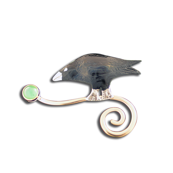 Crow on Spiral with Chyrsoprase Pin/Pendant - SS/14k