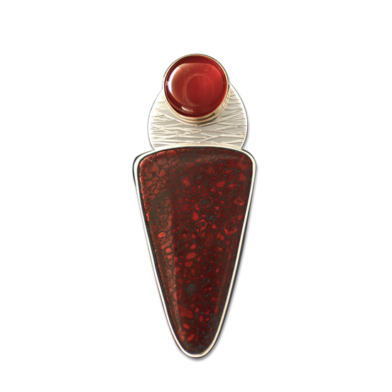 Fossilized Dinosaur Bone and Carnelian Necklace:- SS/14K bezel