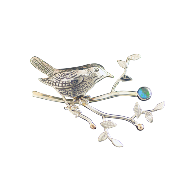 Original Pin/Pendant: Bird on Branch - SS/14K/Opal