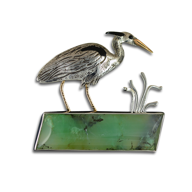 Original Pin/Pendant - Blue Heron SS/B - Green Stone