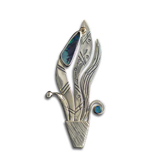 Snake Plant Pin/Pendant: SS/14K bead + Boulder Opal/Opal Triplet