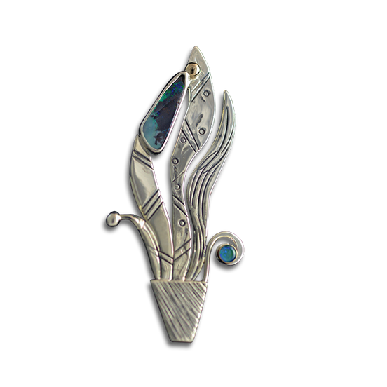 Snake Plant Pin/Pendant: SS/14K bead + Boulder Opal/Opal Triplet