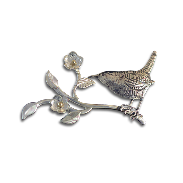 Original Pin/Pendant: Bird on Branch w/Flowers - SS/14K