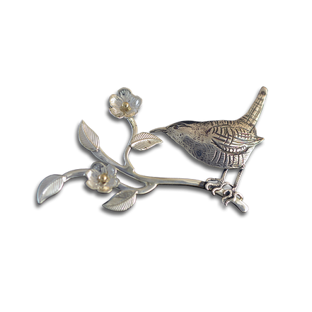 Original Pin/Pendant: Bird on Branch w/Flowers - SS/14K