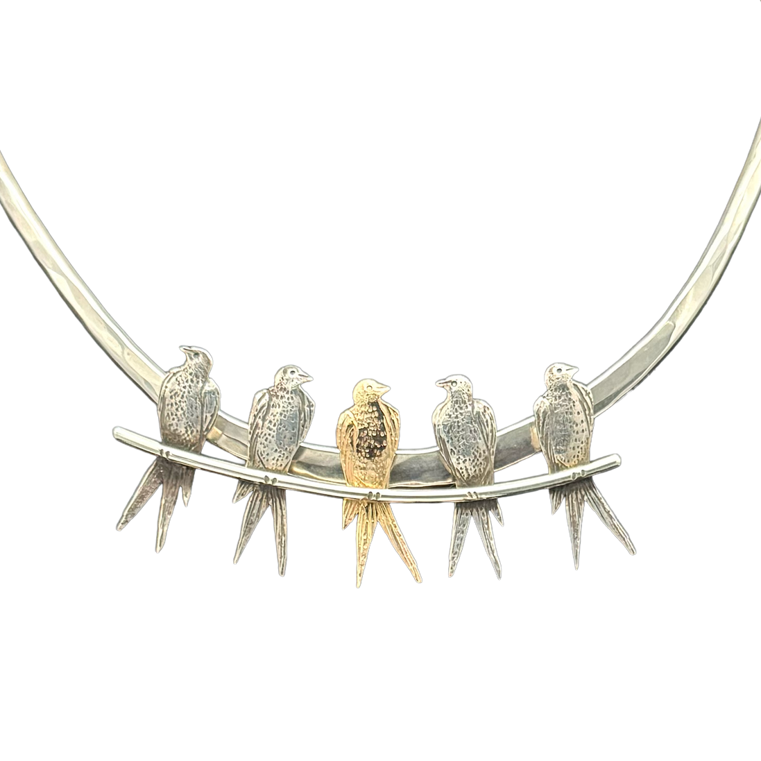 Birds on a Wire Neck Slide in Sterling with 14k Gold Center Crow