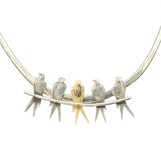 Birds on a Wire Neck Slide in Sterling with 14k Gold Center Crow