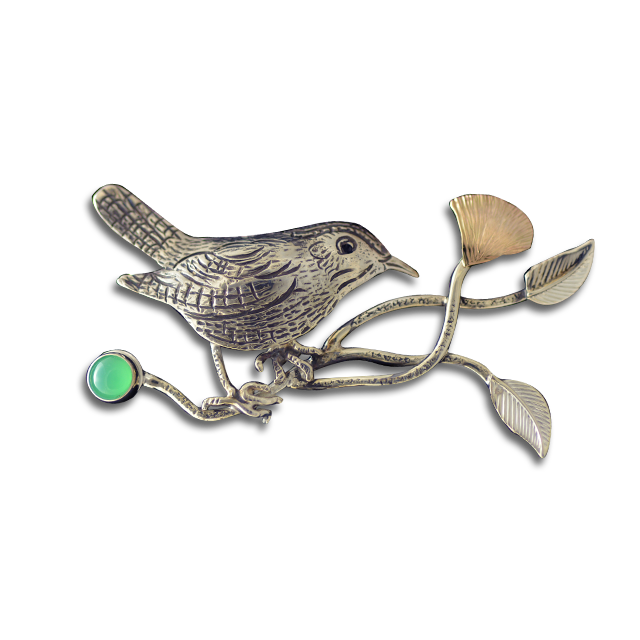 Original Slide: Bird on Branch w/ Flower - SS/14K/Chrysoprase