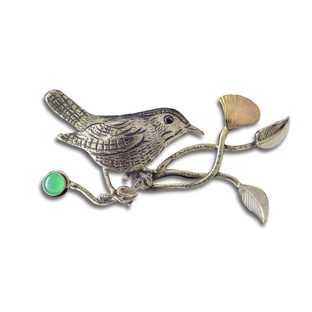 Original Slide: Bird on Branch w/ Flower - SS/14K/Chrysoprase