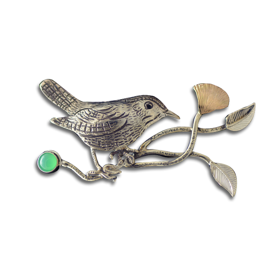 Original Slide: Bird on Branch w/ Flower - SS/14K/Chrysoprase