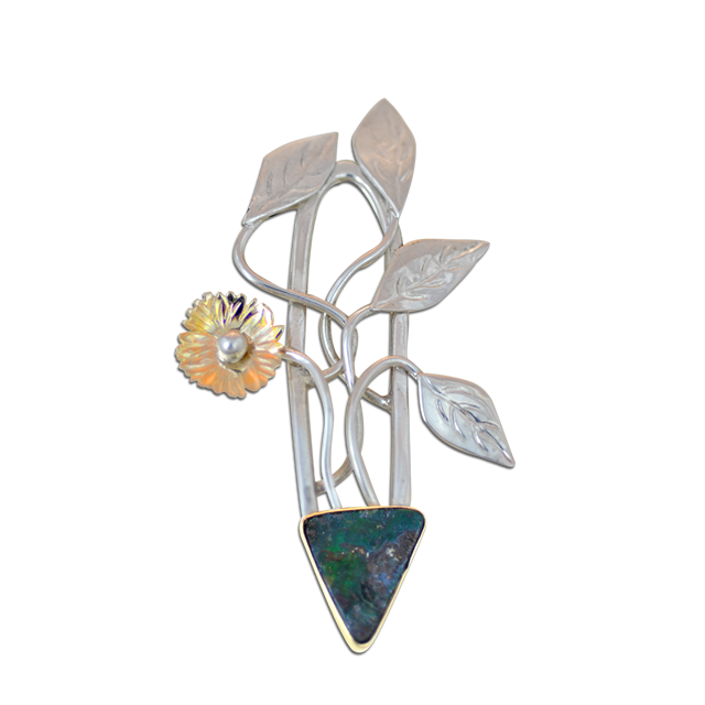 Plant with Flower Pin or Pendant in Sterling/14K with a Boulder Opal