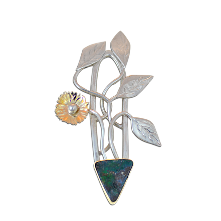 Plant with Flower Pin or Pendant in Sterling/14K with a Boulder Opal