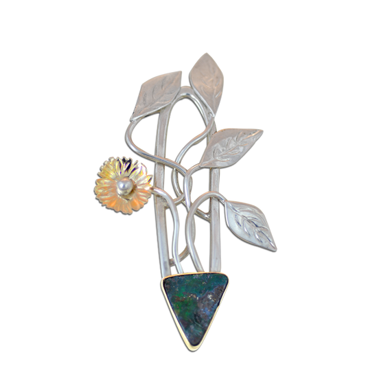 Plant with Flower Pin or Pendant in Sterling/14K with a Boulder Opal