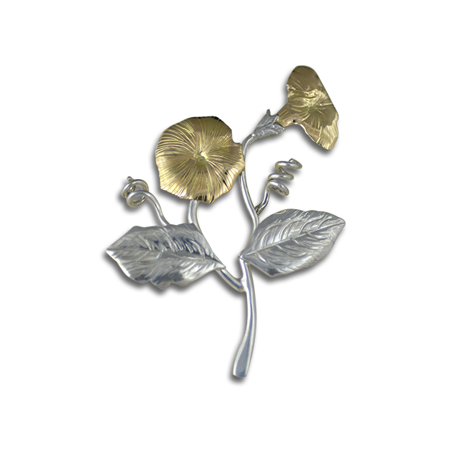Morning Glory Pin/Pendant: Sterling Silver and 14K Gold Flowers