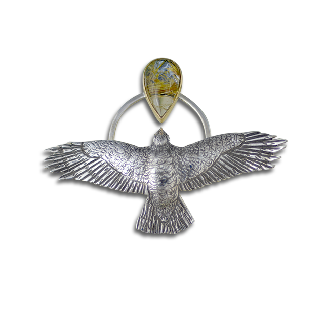New! Original Hawk Pin/Pendant: Sterling Silver and 14K Gold / Rutilated Quartz