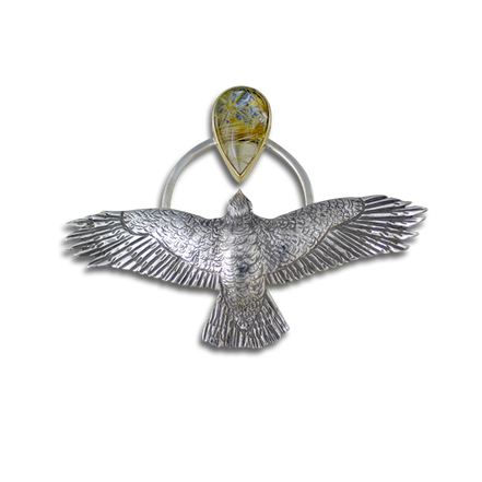 New! Original Hawk Pin/Pendant: Sterling Silver and 14K Gold / Rutilated Quartz
