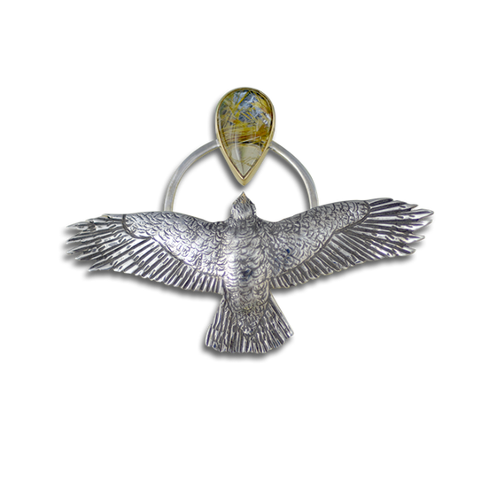 New! Original Hawk Pin/Pendant: Sterling Silver and 14K Gold / Rutilated Quartz