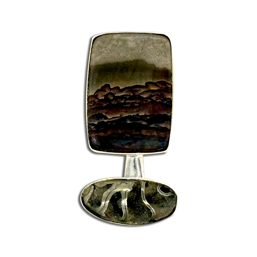 Sterling Silver Pin/Pendant with Picture Jasper and Pyritized Shell