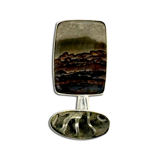 Sterling Silver Pin/Pendant with Picture Jasper and Pyritized Shell