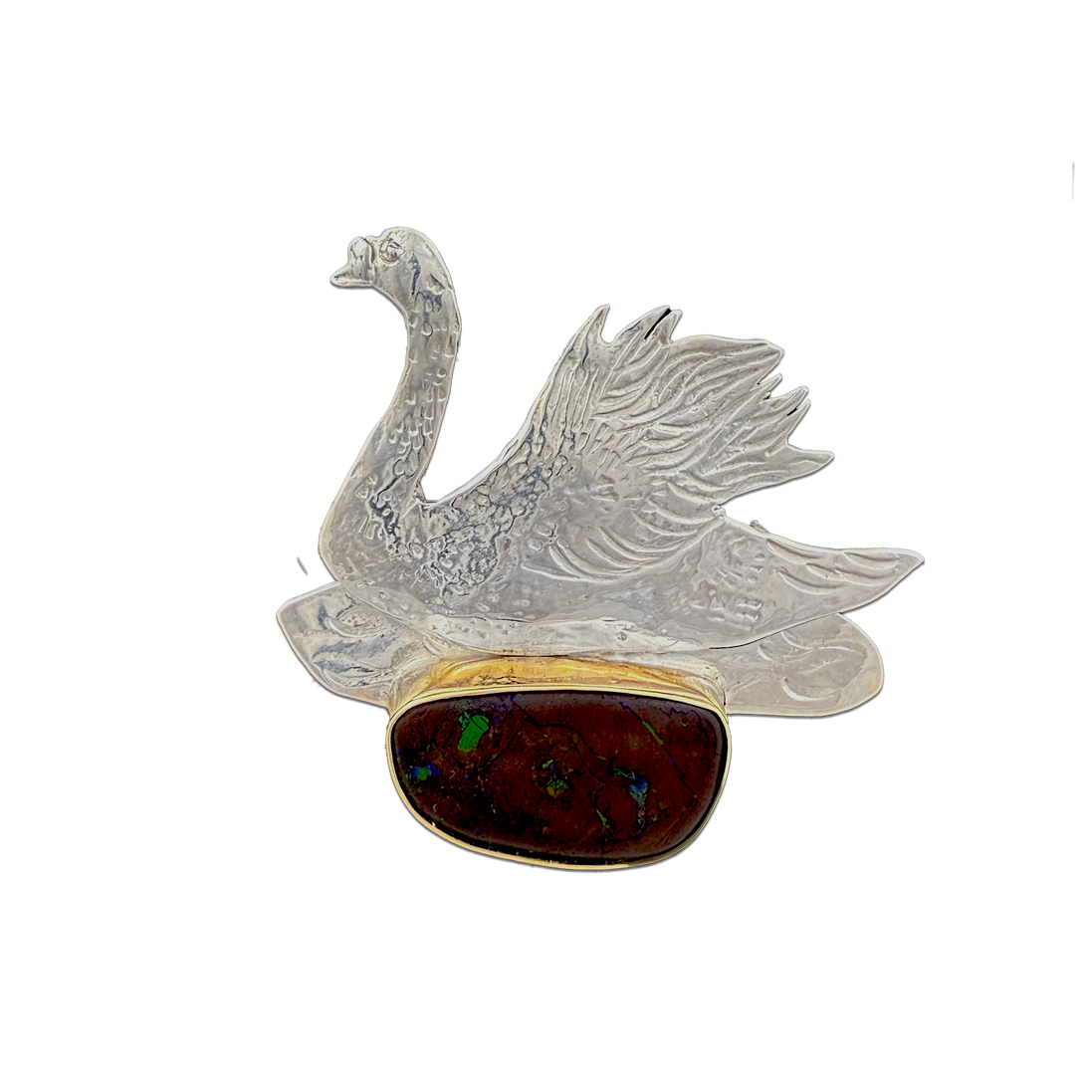 Swan on Boulder Opal Pin/Pendant in Sterling and 14K