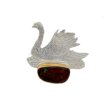 Swan on Boulder Opal Pin/Pendant in Sterling and 14K