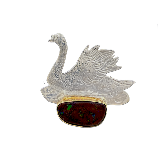 Swan on Boulder Opal Pin/Pendant in Sterling and 14K