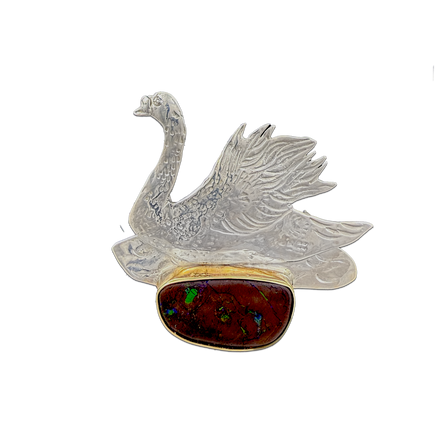 Swan on Boulder Opal Pin/Pendant in Sterling and 14K