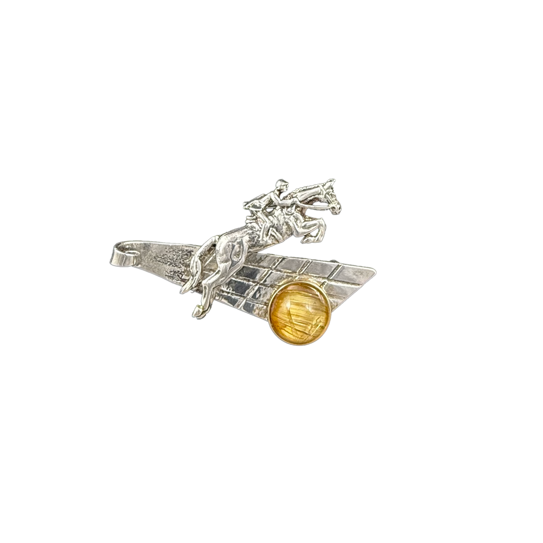 Fox Hunting Horse - Pin/Pendant: SS/14K bezel + Rutilated Quartz
