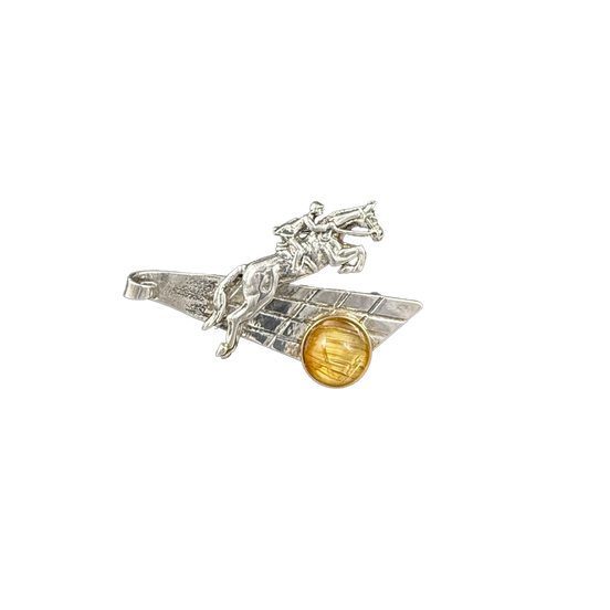 Fox Hunting Horse - Pin/Pendant: SS/14K bezel + Rutilated Quartz