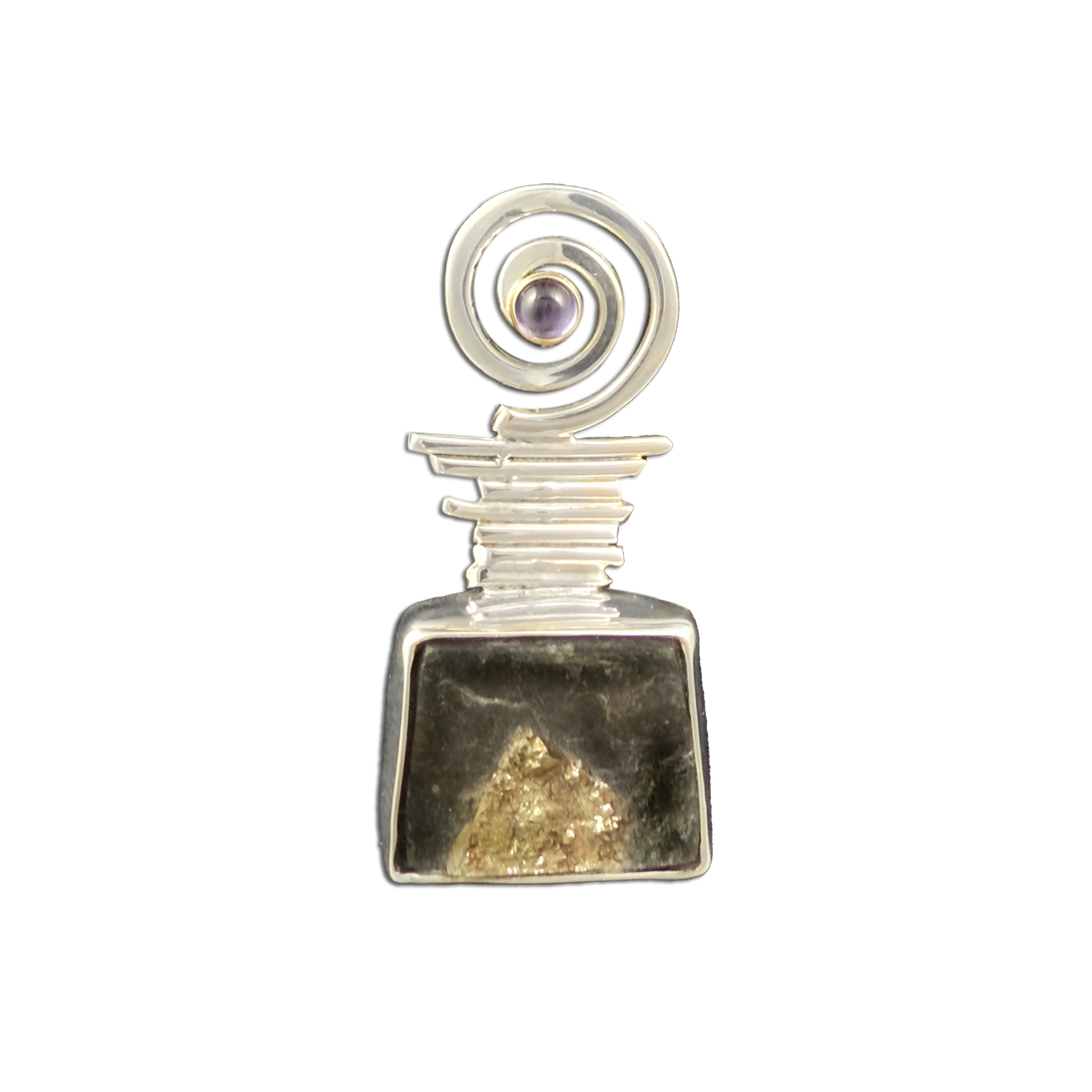 Iron Pyrite in Schist Pin/Pendant - SS/14K bezel w/ Amethyst
