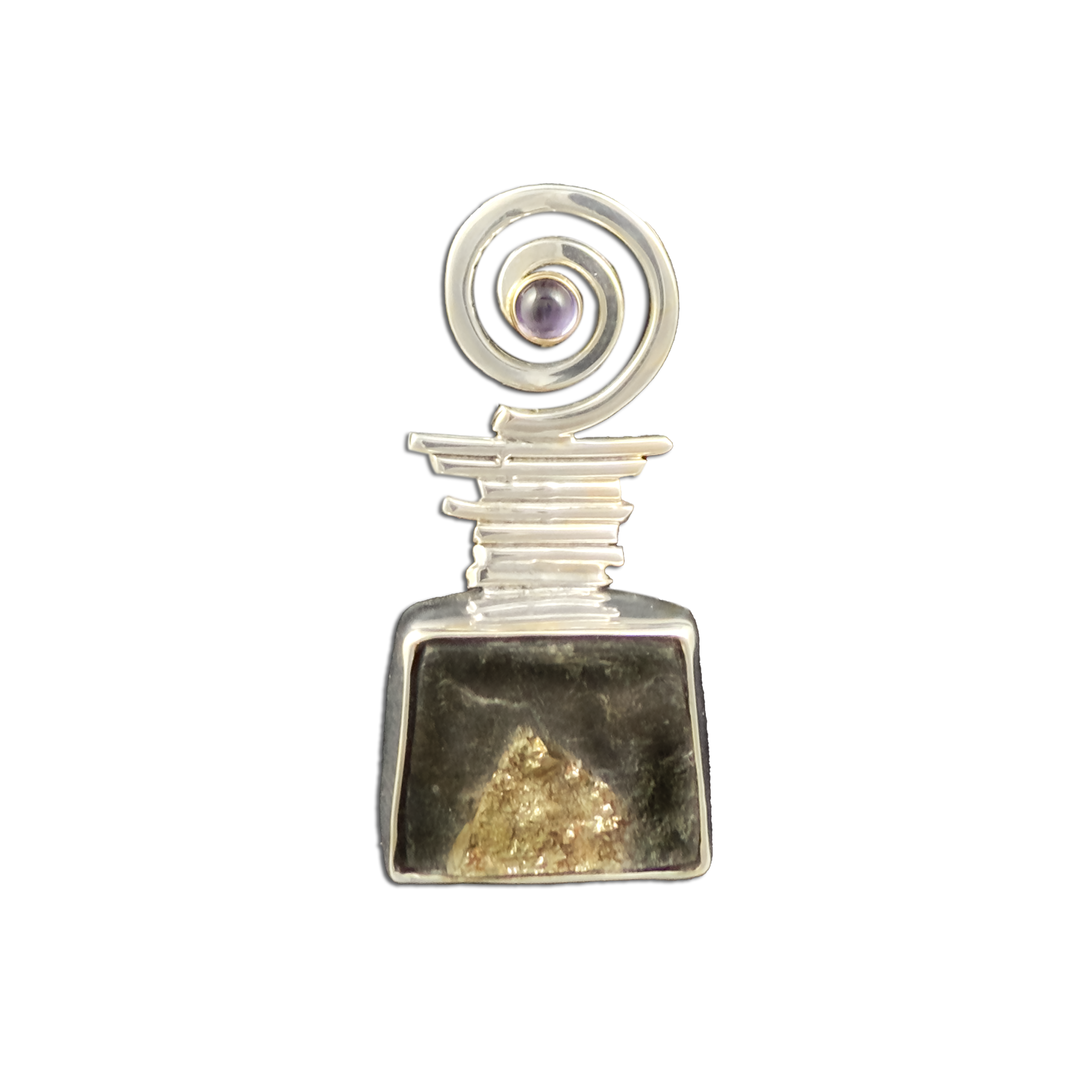 Pyrite in Schist in Sterling and Amethyst with a 14K Bezel, Pendant (or Pin)