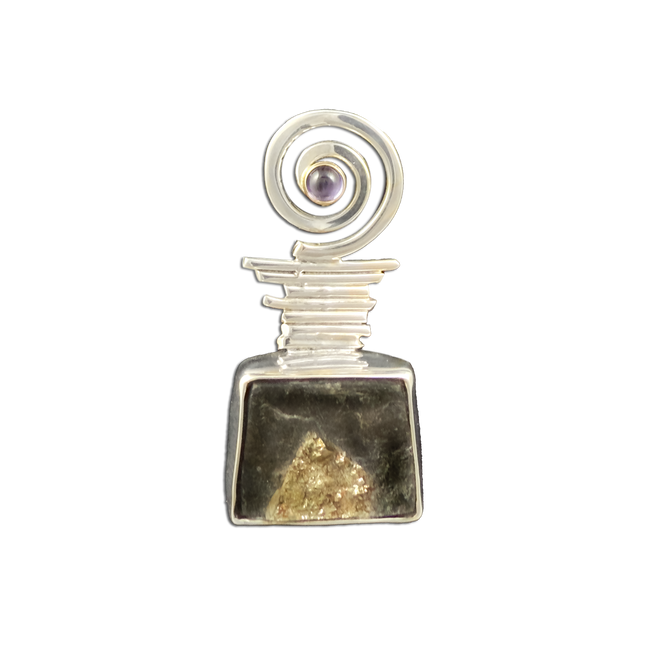 Pyrite in Schist in Sterling and Amethyst with a 14K Bezel, Pendant (or Pin)