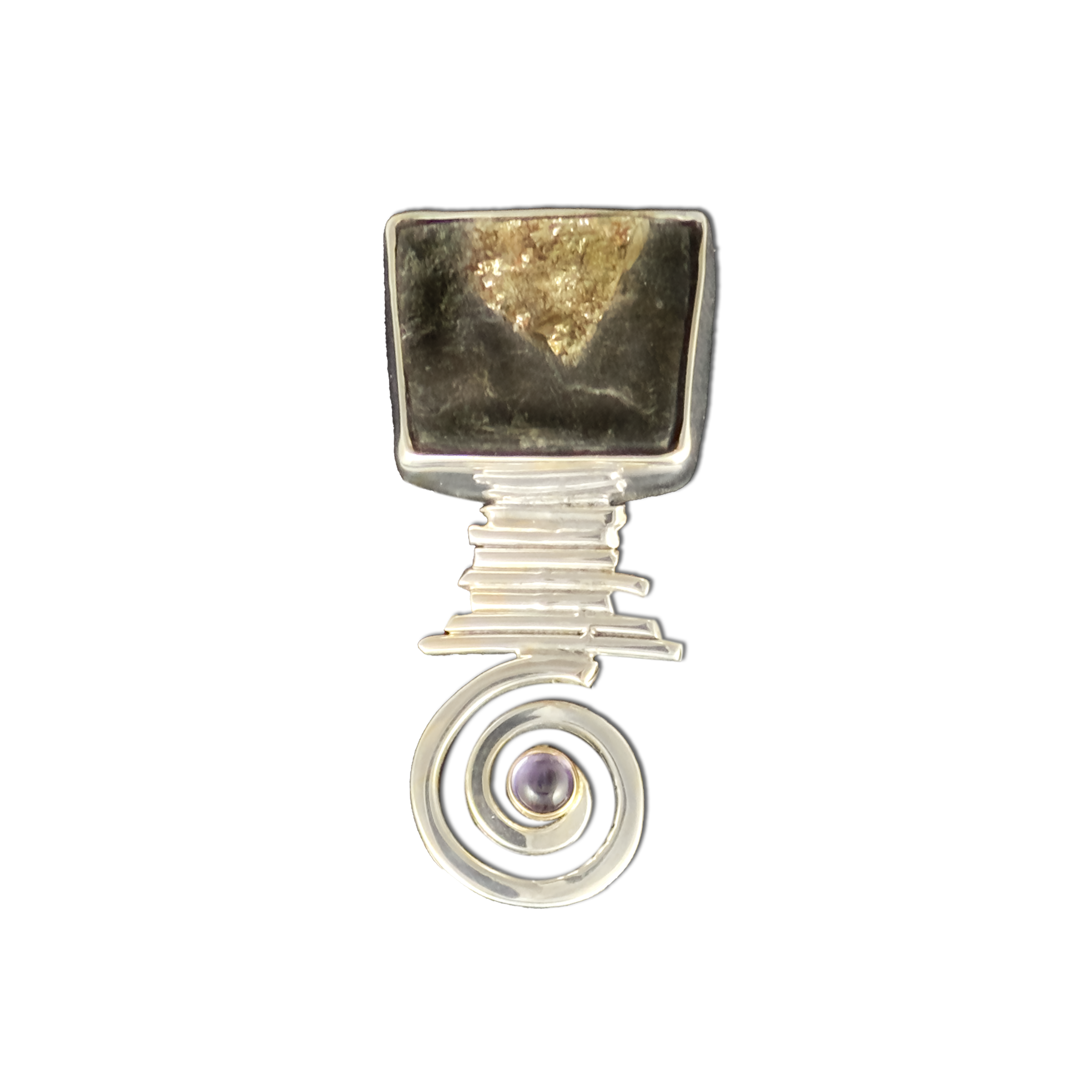 Pyrite in Schist in Sterling and Amethyst with a 14K Bezel, Pendant (or Pin)