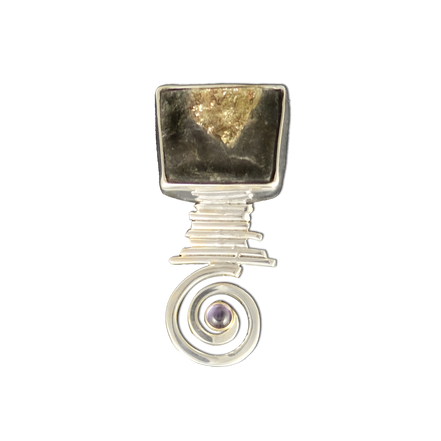Pyrite in Schist in Sterling and Amethyst with a 14K Bezel, Pendant (or Pin)