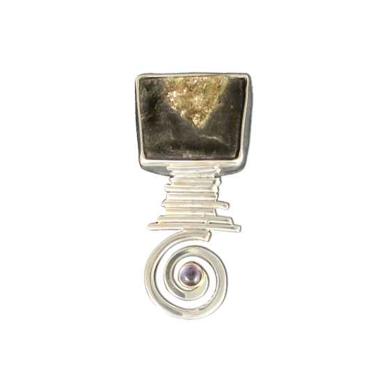 Pyrite in Schist in Sterling and Amethyst with a 14K bezel: Pin or Pendant